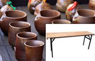 陶芸作品の展示テーブルとしてベニヤテーブルを使用
